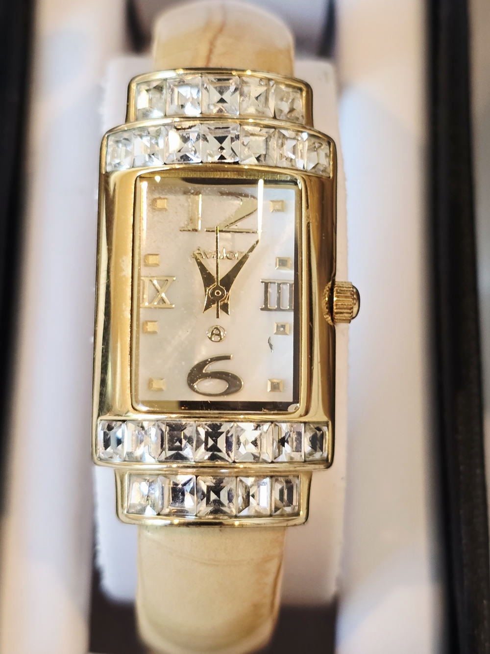 Avalon Swiss Gold-Tone Crystal Accent Women's Watch with Cream Leather Strap
